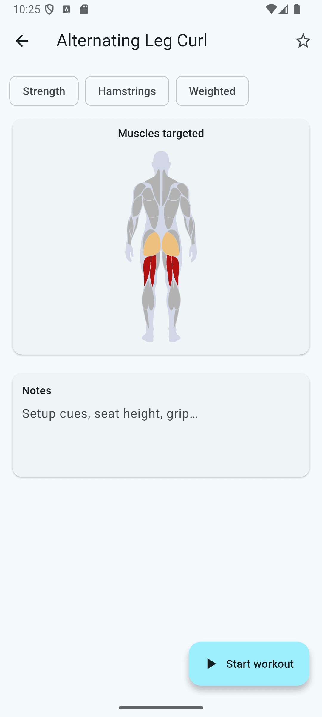 FitnessBuddy exercise detail screen with a muscle heatmap preview of the muscles targeted by the exercise