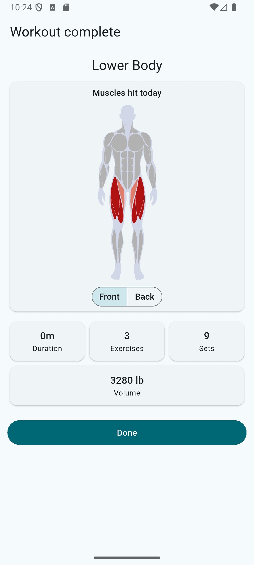 FitnessBuddy post-workout summary screen with a muscle heatmap highlighting quads and adductors after a lower body workout