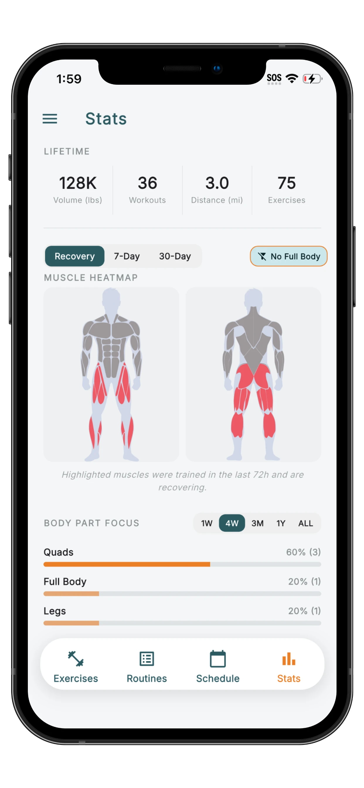 Just Liftin' stats screen showing the Rive muscle heatmap rendering recovery data